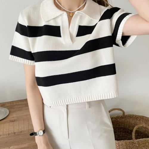 high-quality) collar short-sleeved striped knitwear