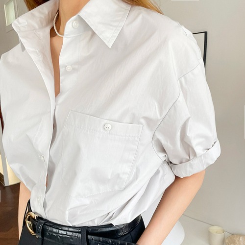 roll-up cotton short-sleeved shirt